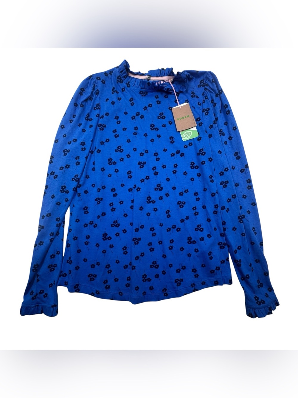 Boden Royal Blue Long Sleeve Ruffle Neck Tee with Black Floral Print size 8